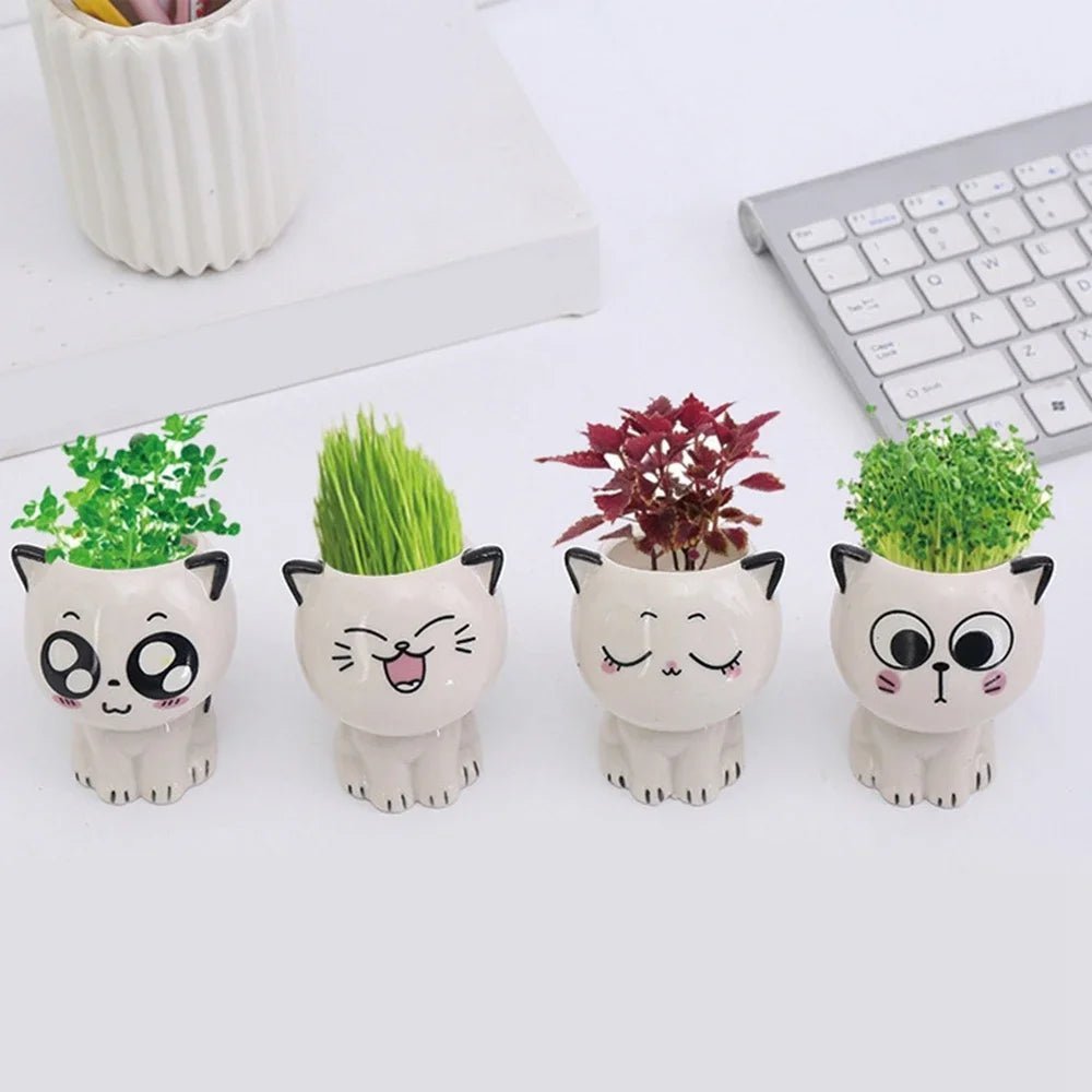 1pc Ceramic Flowerpot Mini Cat Cartoon Cute Plant Desktop Potted Plant Pot DIY Decorate Toys Science Education School Gifts - Thrifty Delights