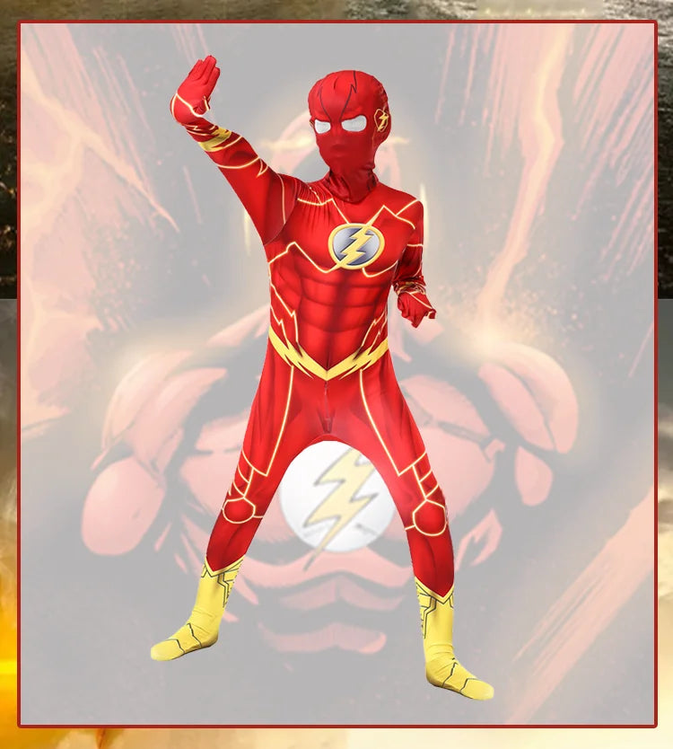 Kids Flash Man Boys Cosplay Costume New Year Carnival Party Fancy Dress with Headgear Mask Sets