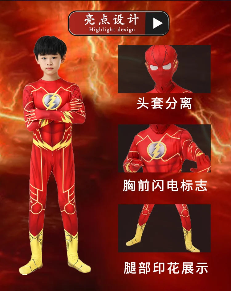 Kids Flash Man Boys Cosplay Costume New Year Carnival Party Fancy Dress with Headgear Mask Sets