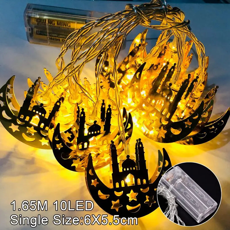 2025 Eid Mubarak LED String Lights Moon Star Castle Lamp Ramadan Kareem Decoration for Muslim Islamic Eid Al-Fitr Party Supplies