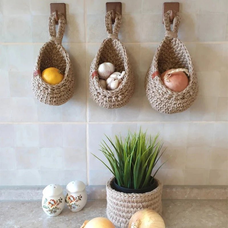 1PC Hand - woven Basket Wall Kitchen Hanging Net Pocket Cotton Rope Water Drop Fruit Vegetable Storage Basket Home Organizer Tools - Thrifty Delights