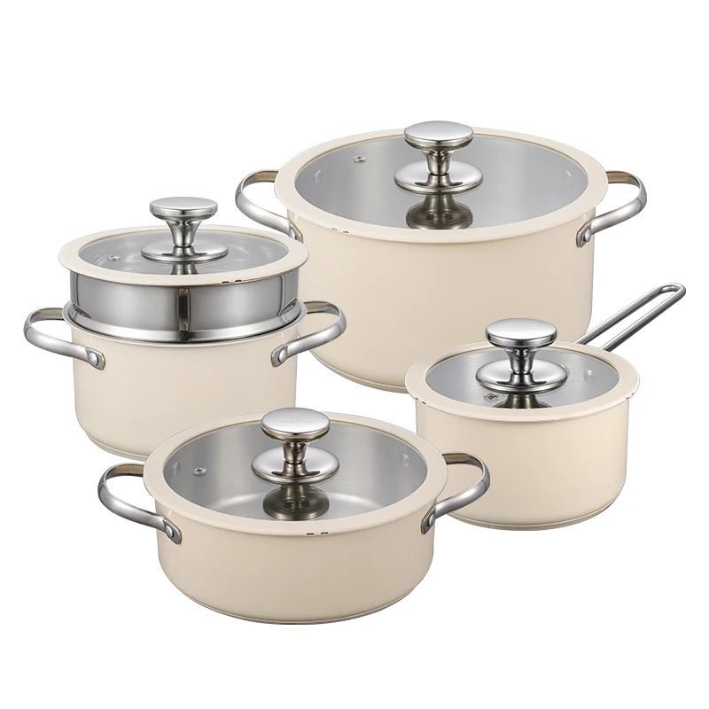 High Quality Colored Kitchen Seafood Milk Soup Sacuce Pot & Pan Non - Toxic Stainless Steel Cook Pot Set with Glass Lid 4 PCS SET( - Thrifty Delights