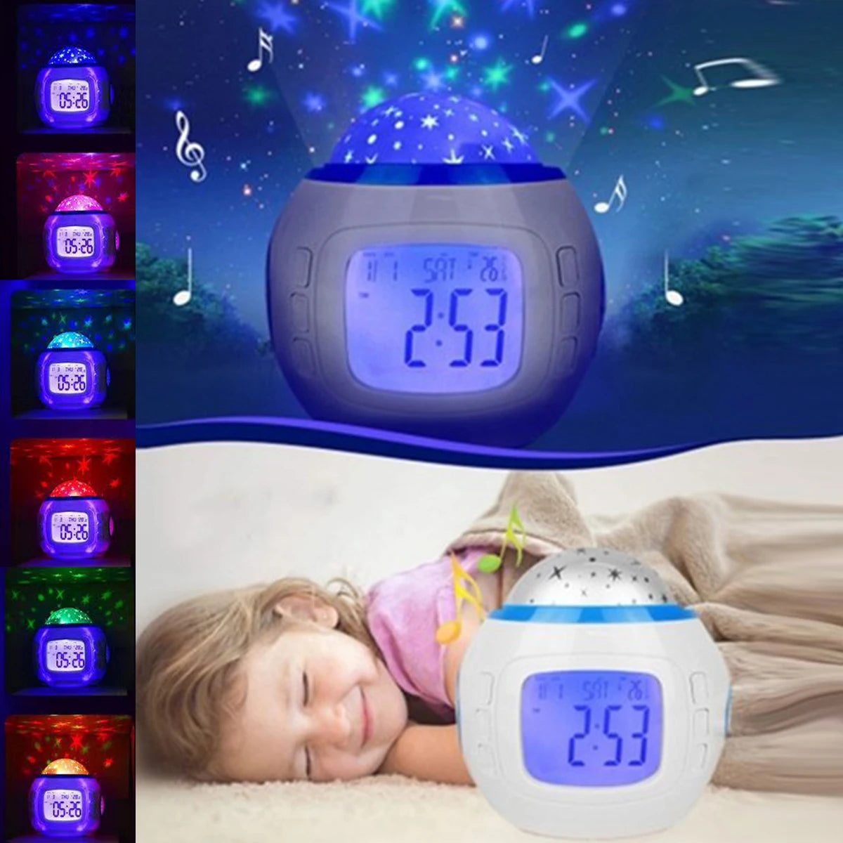 Alarm Clock Projection Light LED Alarm Clock Projection Light Star Sky Color Change Bedside Night Light for Bedroom Kids Room