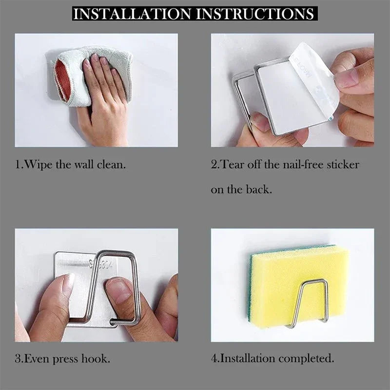 Kitchen Organizer Sponge Holder Soap Drying Rack Self Adhesive Sink Drain Racks Stainless Steel Sink Wall Storage Racks Hooks - Thrifty Delights