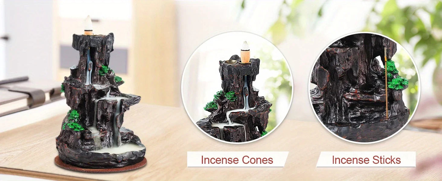 Waterfall Backflow Incense Burner with 120 Cones & 30 Sticks – Dual-Sided Aromatherapy Decor
