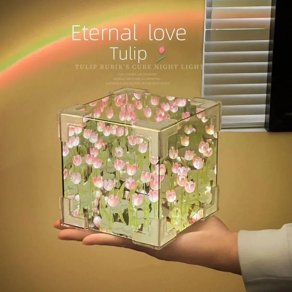 DIY Tulip Cube Lamp Simulation Flower Bedroom Sleeping Table Lamp Handmade Craft Tulips Night Light Birthday Gift - Thrifty Delights