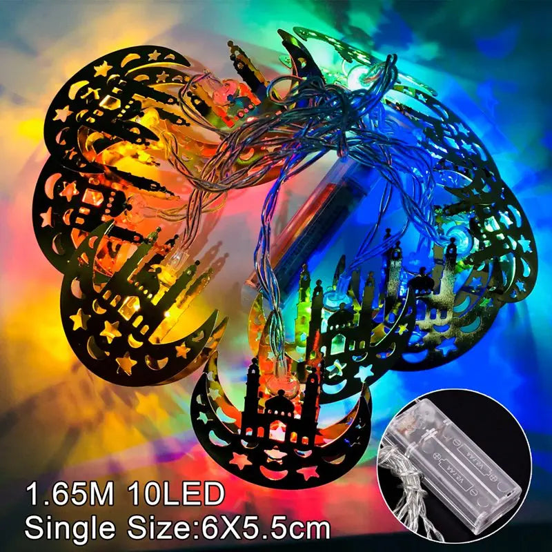 2025 Eid Mubarak LED String Lights Moon Star Castle Lamp Ramadan Kareem Decoration for Muslim Islamic Eid Al-Fitr Party Supplies