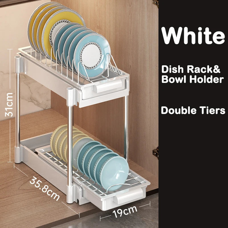 Kitchen Pull-Out Dish Rack with Drainboard – Sliding Mesh Cabinet Basket Organizer for Drawer Storage & Accessories