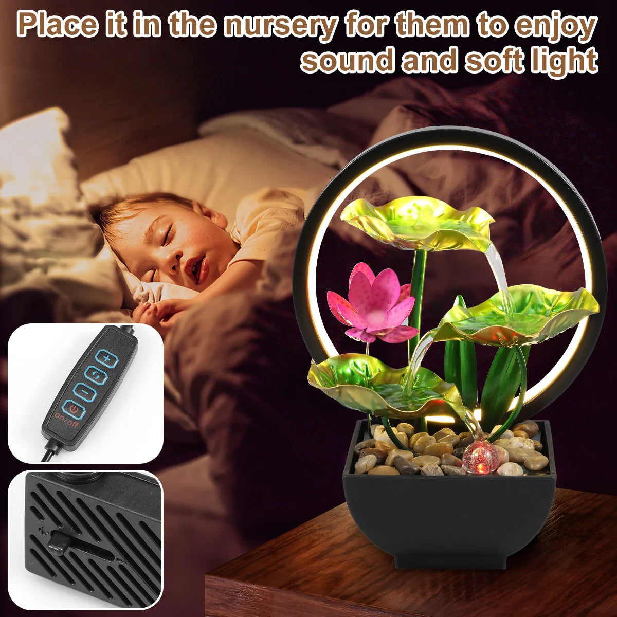 Desktop Waterfall Fountain with LED Lights & Natural Stones (USB)