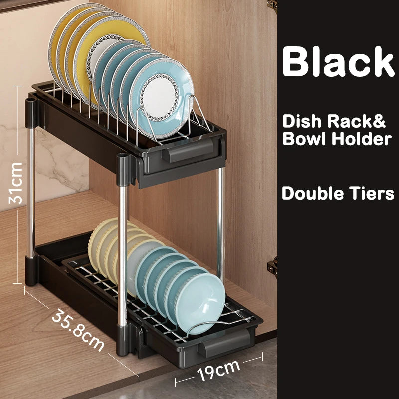 Kitchen Pull-Out Dish Rack with Drainboard – Sliding Mesh Cabinet Basket Organizer for Drawer Storage & Accessories