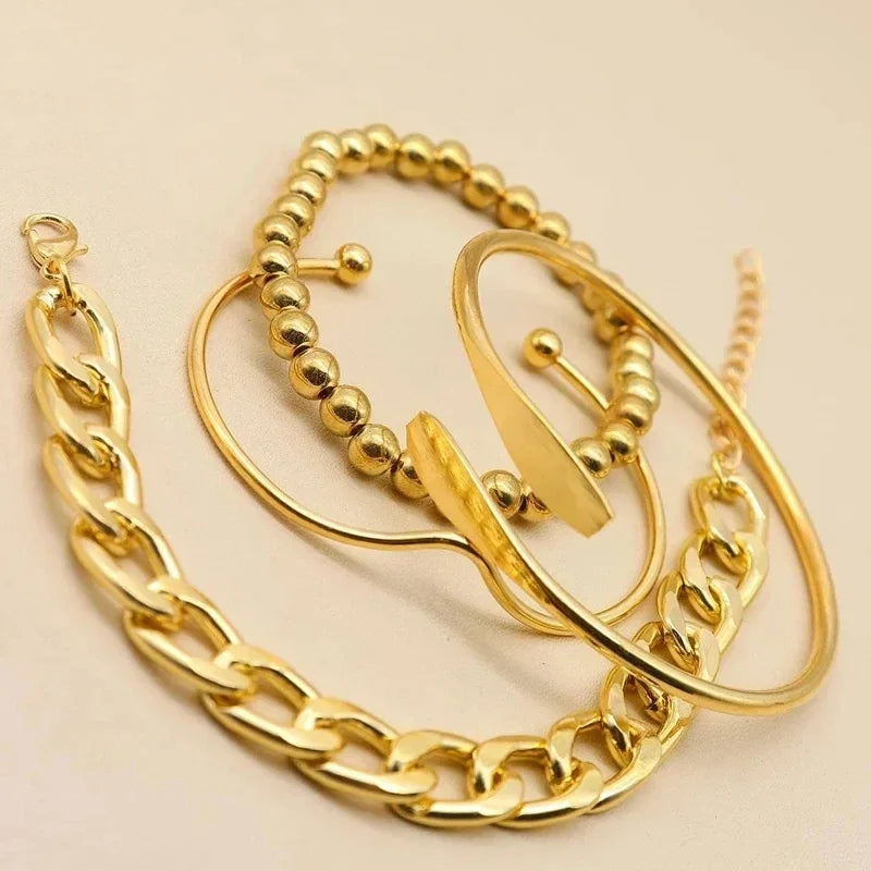 4pc Punk Cuban Curb Chain Bracelets Set for Women, Gold Color Jewelry