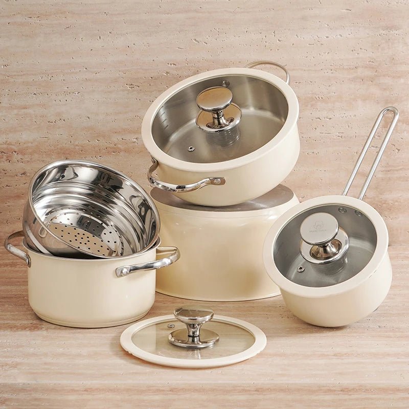 High Quality Colored Kitchen Seafood Milk Soup Sacuce Pot & Pan Non - Toxic Stainless Steel Cook Pot Set with Glass Lid 4 PCS SET( - Thrifty Delights