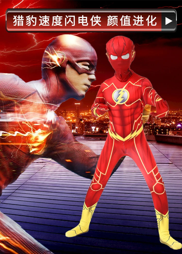 Kids Flash Man Boys Cosplay Costume New Year Carnival Party Fancy Dress with Headgear Mask Sets