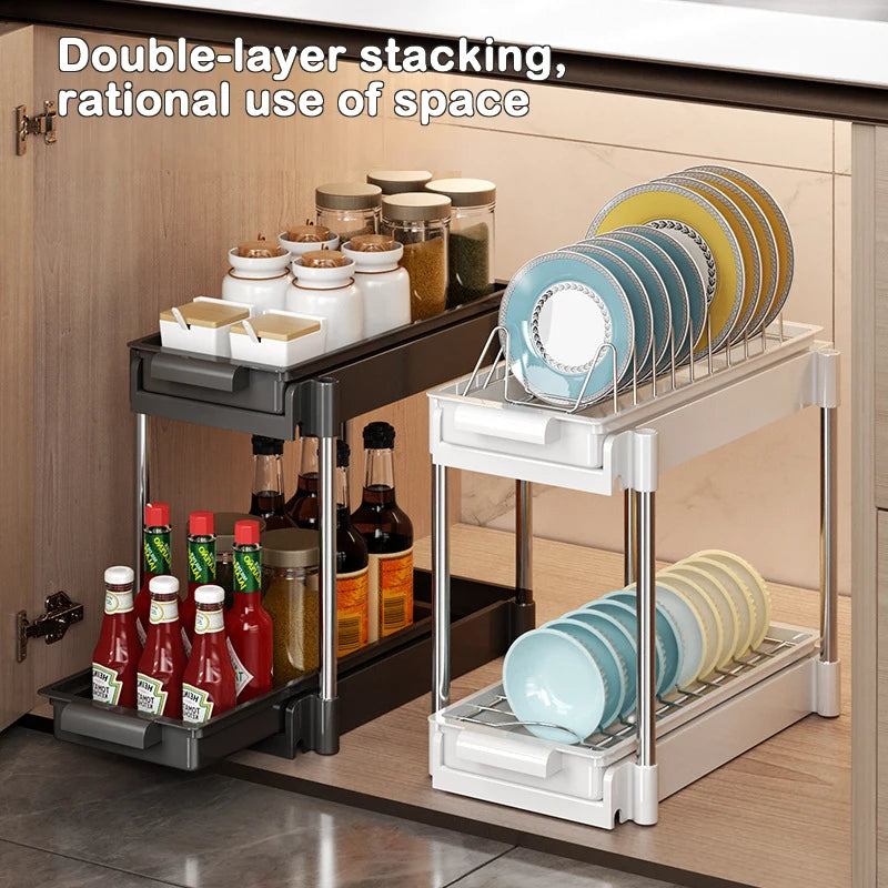Kitchen Pull-Out Dish Rack with Drainboard – Sliding Mesh Cabinet Basket Organizer for Drawer Storage & Accessories