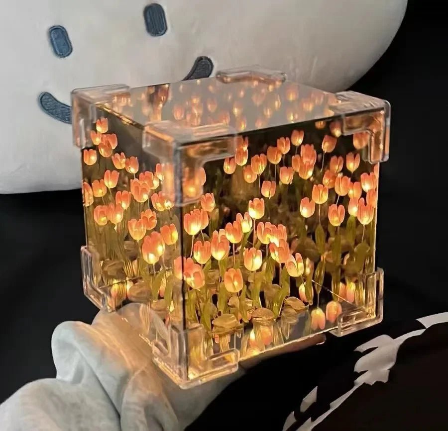DIY Tulip Cube Lamp Simulation Flower Bedroom Sleeping Table Lamp Handmade Craft Tulips Night Light Birthday Gift - Thrifty Delights
