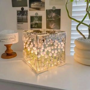 DIY Tulip Cube Lamp Simulation Flower Bedroom Sleeping Table Lamp Handmade Craft Tulips Night Light Birthday Gift - Thrifty Delights