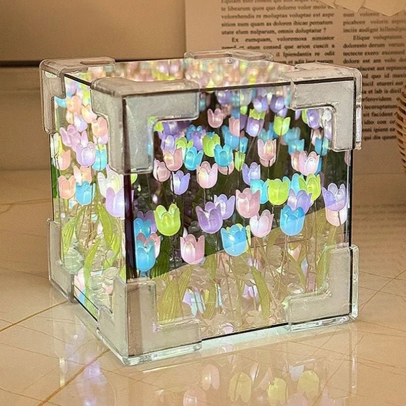 DIY Tulip Cube Lamp Simulation Flower Bedroom Sleeping Table Lamp Handmade Craft Tulips Night Light Birthday Gift - Thrifty Delights