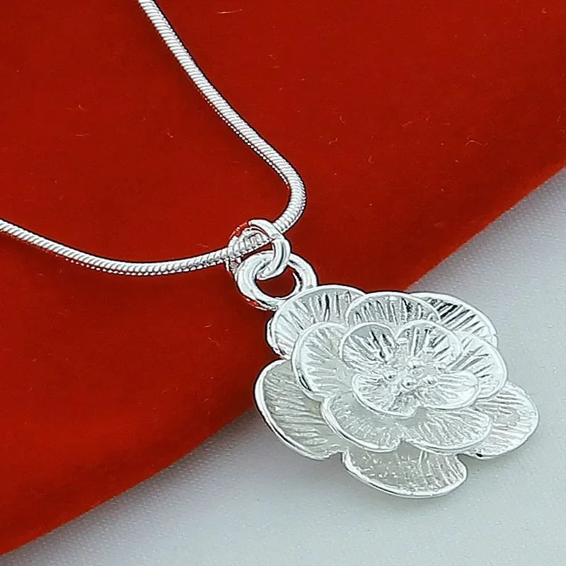 925 Sterling Silver Rose Flower Pendant Necklace Snake Chain for Women
